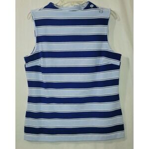 Talbots‎ Blue Blouse Large Sleeveless Malta Stripe Cotton Blend Funnel Button